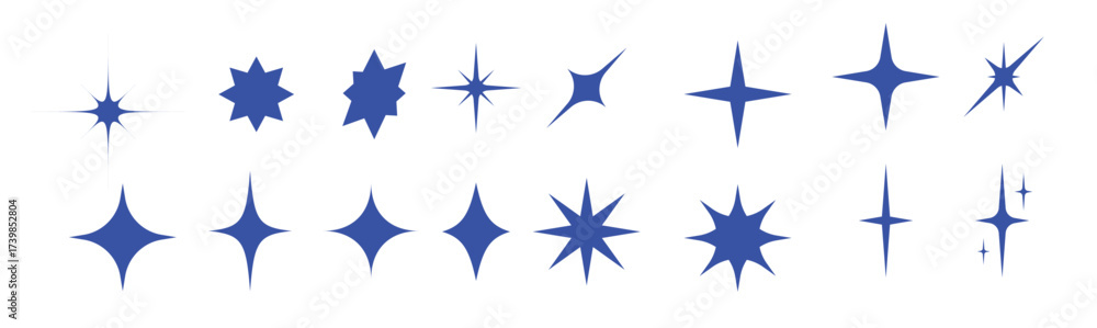 © Zejan - Retro star of different shapes flash silhouette set, Collection of twinkle particle stars and rays decorative symbols for design. Vector icons y2k style basic shapes geometric graphic elements
