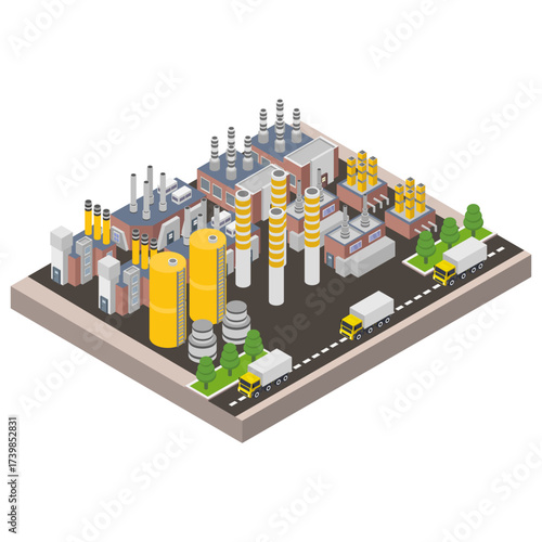 Industrial plant concept with chimney tower or isometric pipes