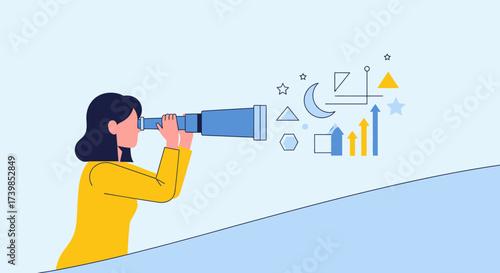 Woman looking through a telescope towards abstract shapes and rising arrows, symbolizing vision and growth.