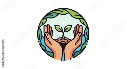Hands gently hold a small plant growing from soil, framed by leaves in a circular design.
