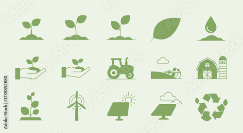 Collection of green icons representing agriculture, sustainability, and environmental consciousness, including plants, a tractor, solar panels, and recycling.