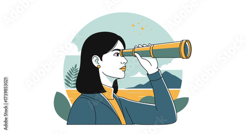 A woman looks through a telescope, envisioning the future, with a scenic background.
