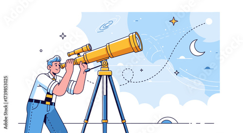 A man gazes through a large telescope, observing the night sky with stars and a crescent moon.