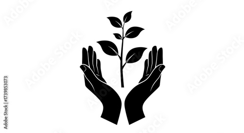A black and white illustration of hands cupping a growing plant, symbolizing care.