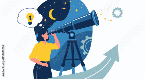 A person looking through a telescope with an idea, envisioning the future.