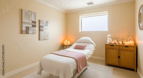 Wallpaper Mural Serene spa treatment room with massage table warm lighting and calming artwork creating a tranquil atmosphere Torontodigital.ca