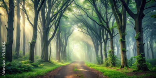 Sunlit Path Through a Misty Green Forest with Tall Trees and Lush Undergrowth