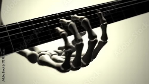 Skeleton hand strumming a guitar. A haunting and surreal visual of a skeleton hand gracefully playing a guitar
