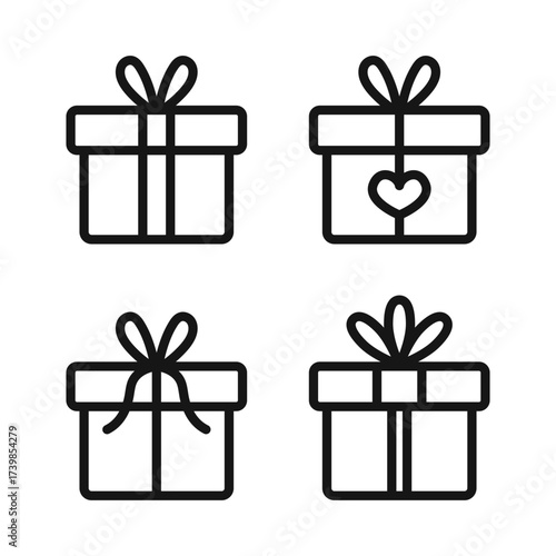 Different gift boxes outline icons set. Festive present concept.