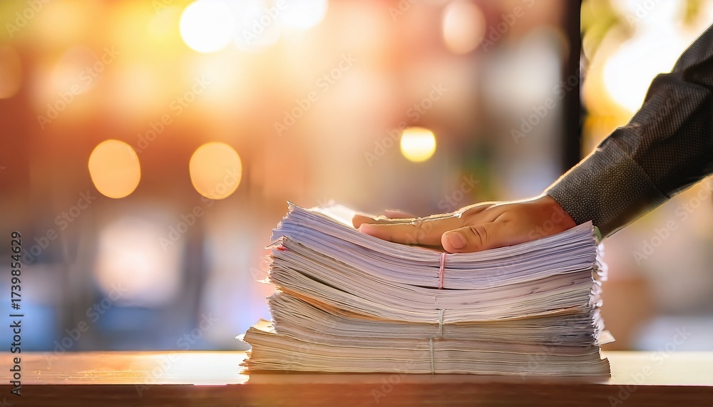 © Jean - hand on thick stack of papers in warm light workspace motion blur business concept motion bokeh background © Jean - hand on thick stack of papers in warm light workspace motion blur business concept motion bokeh background