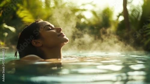 Serene woman relaxing and enjoying a peaceful moment in a natural hot sp surrounded by lush green tropical foliage on a sunny day
