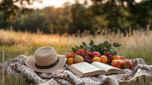 Peaceful outdoor scene with a picnic setup including a straw hat open book fresh fruits grapes s and peaches on a blanket in a field du sunset