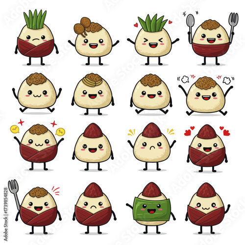 Cute Asian food mascot character set with various expressions Kawaii rice balls and dumplings collection.
