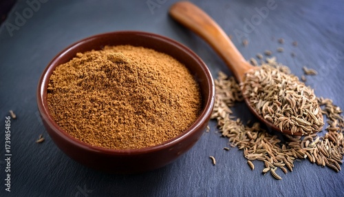 a dark brown bowl of orange spice powder cumin seeds and a wooden spoon with light brown powder on a dark gray slate surface