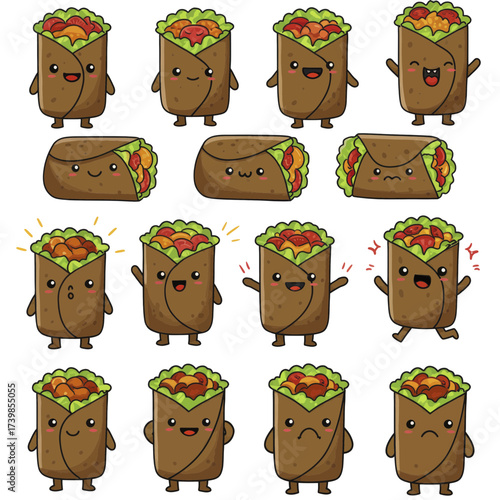 Set of cute kawaii burrito characters with different emotions.
