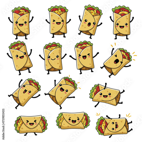 Set of cute kawaii burrito characters with happy expressions.
