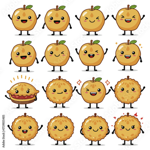 Cute apple longan and pie cartoon character mascot set with different emotions.