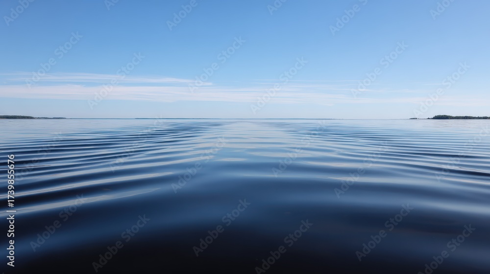 Obraz premium Symmetrical Calm Serene Lake Surface Subtle Ripples Clear Blue Sky Background - Tranquil Natural Landscape