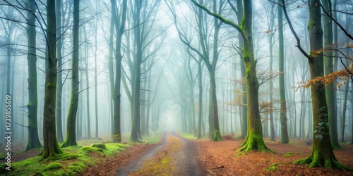 Misty Forest Path A Serene Woodland Scene with Moss-Covered Trees and a Gentle Winding Road
