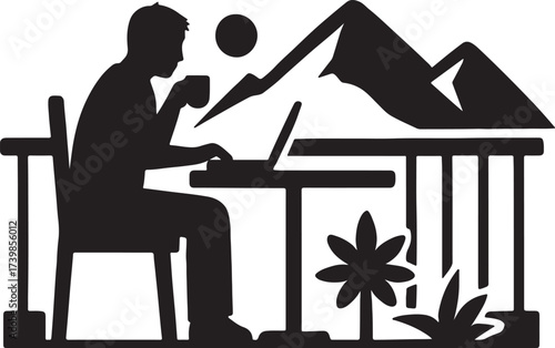 Silhouette of a person working on a laptop at a table outdoors with mountains and a sun in the background