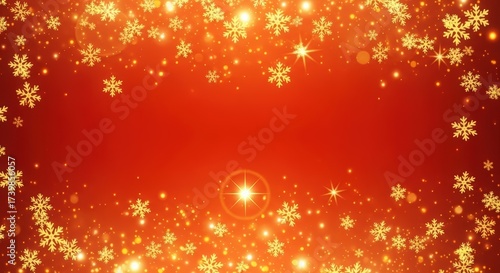 Golden sparkling snowflakes on a red holiday background
