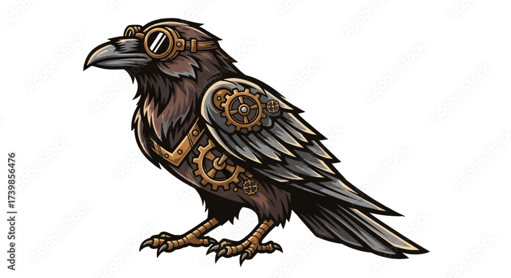 Fototapeta premium Steampunk crow with goggles and gears for a unique fantasy design, perfect for edgy apparel or themed events, adding a touch of vintage industrial flair.