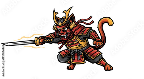Fierce samurai cat wielding katana sword, ready for battle, evokes strength and courage, ideal for gaming, fantasy art, and unique character design projects