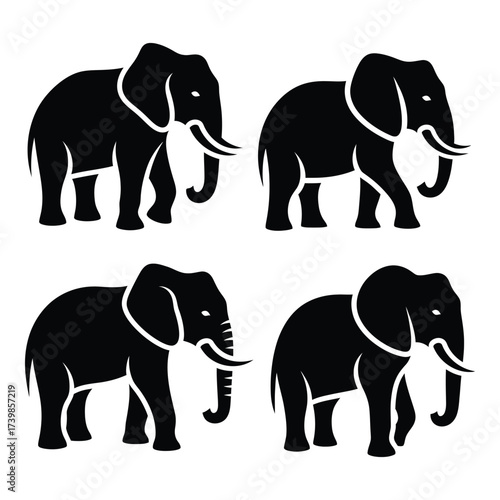 Four silhouette elephants walking side by side wildlife safari animal icon representation graphic design asset silhouette