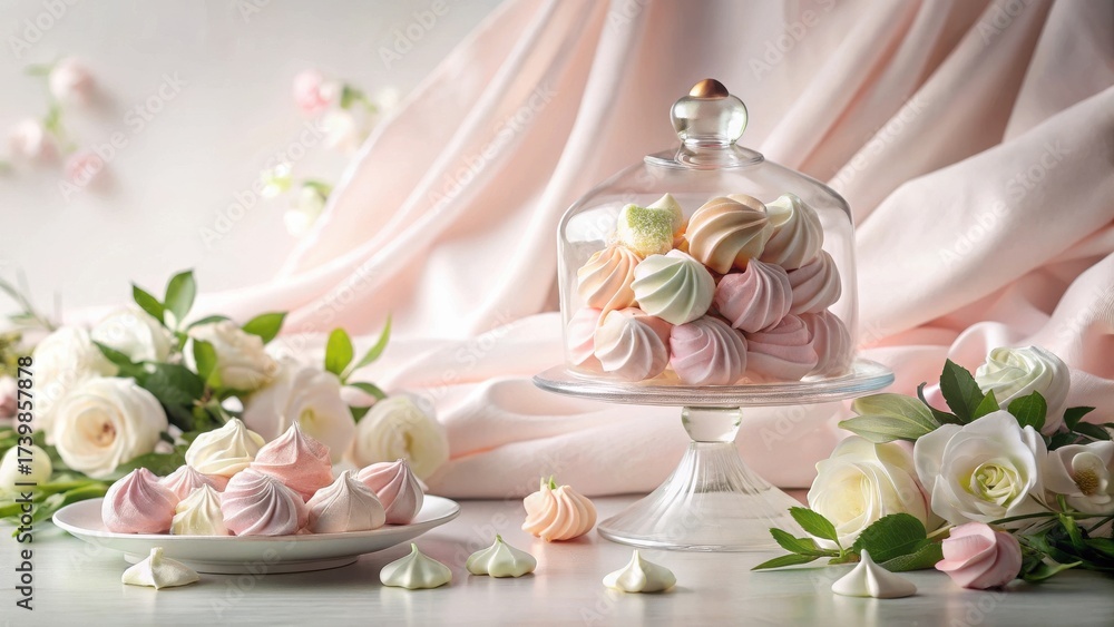 Obraz premium Delicate Pastel Meringues and Roses Create a Romantic and Elegant Tabletop Scene