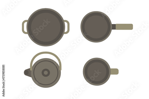 Essential kitchen cookware set including pot, pan, and kettle in overhead view