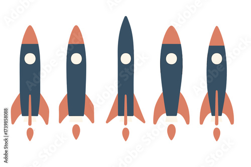 A row of five stylized retro space rockets ready for launch in a clean graphic style