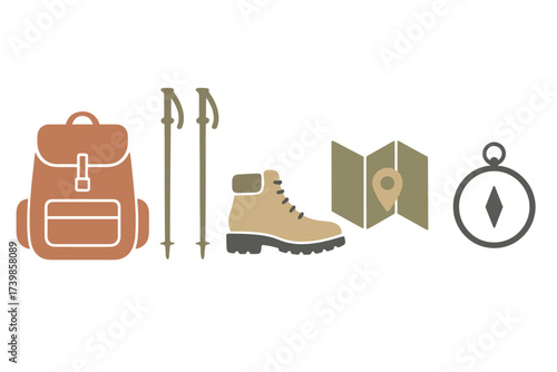 Essential hiking and trekking equipment set featuring backpack, boots, poles, map, and compass