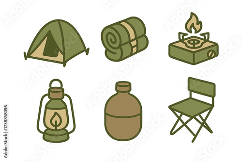 Essential camping and hiking equipment collection featuring tent, stove, lantern, and chair