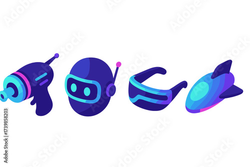 Neon gradient futuristic icons set featuring a blaster robot head VR glasses and rocket