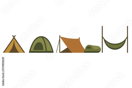 Set of camping tents, sleeping bags, and outdoor shelters for adventure travel