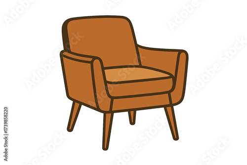 Stylized mid-century modern armchair with tapered wooden legs and comfortable brown upholstery