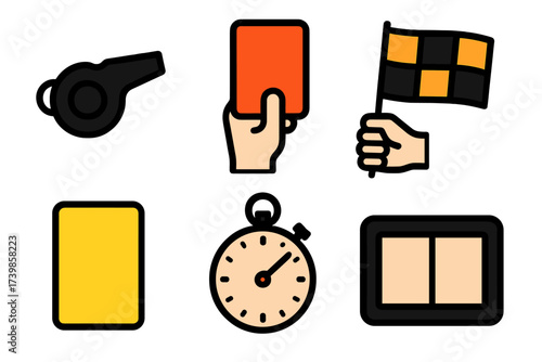 Set of essential referee tools and sports official equipment icons including cards and stopwatch