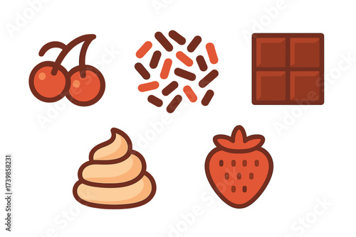 Set of sweet dessert toppings icons including chocolate, cherry, strawberry, sprinkles, and whipped cream