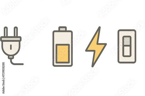 Essential power and energy symbols: plug, battery, lightning bolt, and light switch