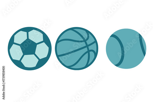 Row of essential sports equipment icons: soccer, basketball, and tennis balls in blue tones