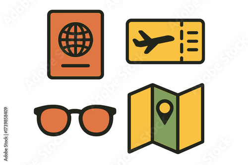 Essential travel items set including passport, airplane ticket, folded map, and sunglasses