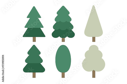 Six stylized evergreen and deciduous trees in various green shades for nature design elements