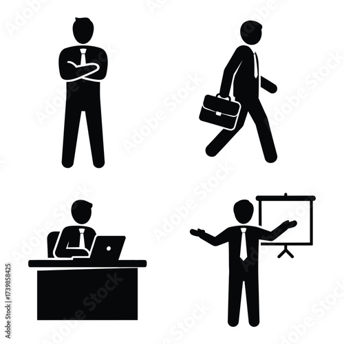 Collection of four business people icons depicting standing arms crossed walking with briefcase working at desk and presenting with whiteboard for corporate themes silhouette