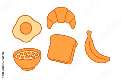Simple monochromatic breakfast food items: egg, croissant, toast, cereal, and banana