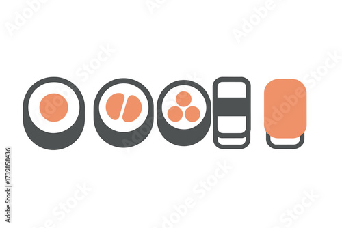 Minimalist icons of popular Japanese sushi and maki rolls arranged in a row