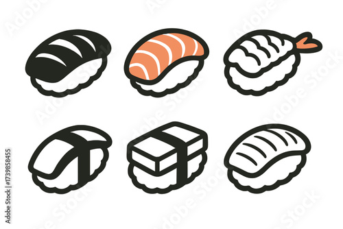 Six stylized Japanese nigiri sushi icons with fish and seafood toppings