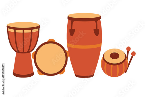 Traditional ethnic percussion instruments collection featuring djembe, conga, tambourine, and tabla drums