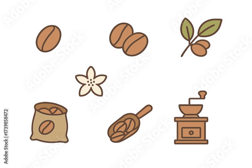 Coffee production and preparation elements including beans, flower, branch, sack, scoop, and grinder