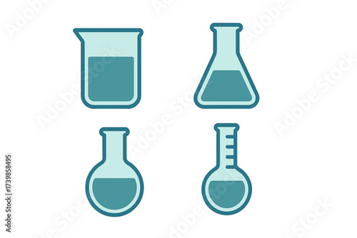 Set of scientific glassware symbols including beaker, Erlenmeyer flask, and graduated flask