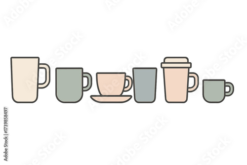 Assortment of coffee cups and mugs in pastel colors arranged in a row